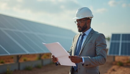 Professional assessing solar panel layout and plans at a renewable energy site in bright daylight