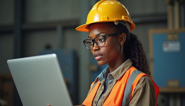 African american woman engineer focused on digital data while wearing safety gear in industrial workspace during the day