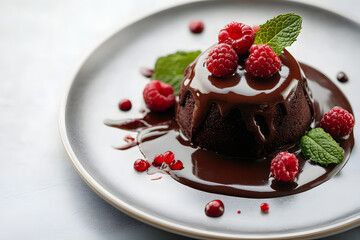 Plate with delicious Chocolate fondant, Berries and mint on grey table, closeup. Image for cafe menu, Banner