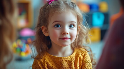 Fototapeta premium Child Counseling with Toys - A young child in a play therapy session, interacting with toys or drawing, while the therapist observes and engages