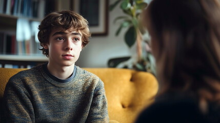 Adolescent Therapy Session - A teenager in a counseling session, discussing issues like school stress, peer pressure, or mental health with a compassionate therapist