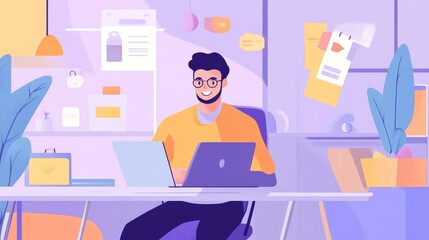 Smiling Man Working on Laptop at Office Desk