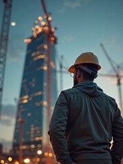 Skilled engineer oversee skyscraper construction at sunset in urban setting with cranes in background