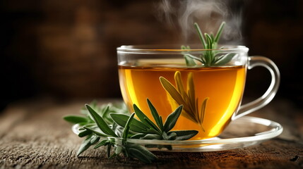 Herbal Tea with Rosemary and Sage - A steaming cup of herbal tea infused with brain-boosting herbs like rosemary and sage, known for their cognitive benefits