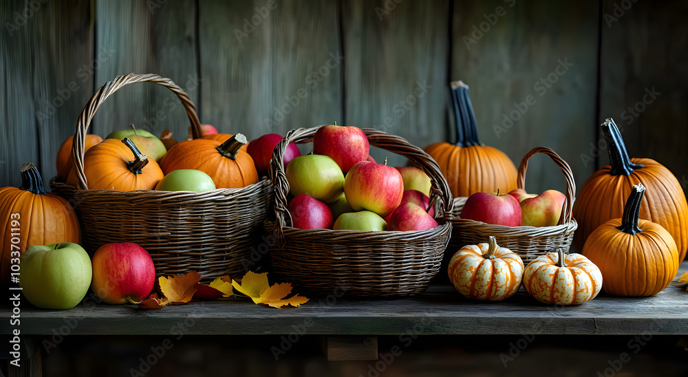 Sticker Colorful autumn harvest with pumpkins and apples arranged in wicker baskets on a rustic wooden table