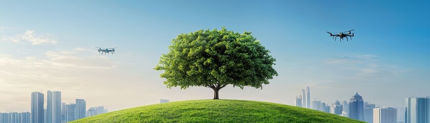 Fototapeta premium A lone tree stands atop a green hill against a blue sky, with drones flying above a modern city skyline.