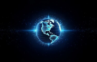 Fototapeta premium A glowing, blue, digital globe sits in the center of a dark blue background.