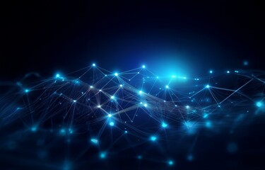 Fototapeta premium Abstract digital art with a dark blue background and glowing blue lines forming a network of interconnected nodes.