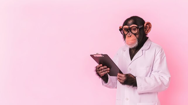A monkey dressed as a scientist holds a clipboard against a pink background, blending humor with professional attire.