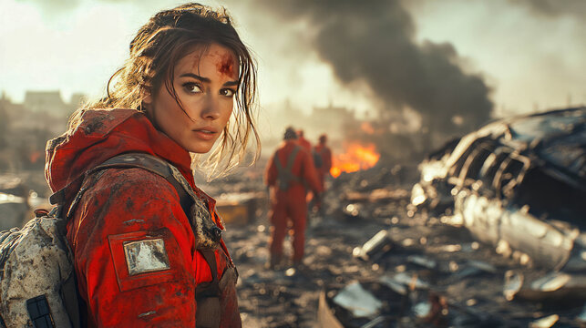 A determined female journalist in a red jacket reporting live from a disaster scene with debris and smoke in the background, symbolizing courage and resilience