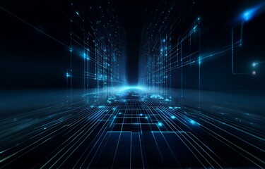 Blue glowing lines form a grid, creating a futuristic and abstract perspective.