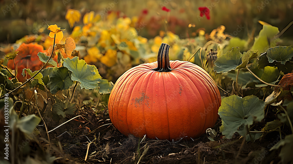 Sticker Pumpkin in the garden, countryside idyllic autumn aesthetic