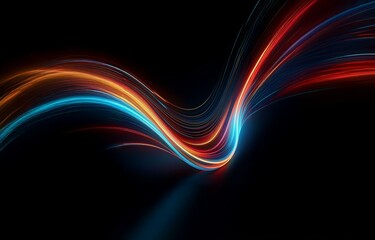 Obraz premium Abstract glowing lines in red, orange, and blue curve across a black background.