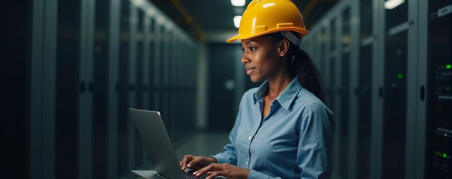 African American woman working on laptop in data center with hard hat during tech project