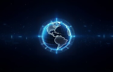 Obraz premium A glowing, blue, digital earth surrounded by a grid and lines in a dark blue space