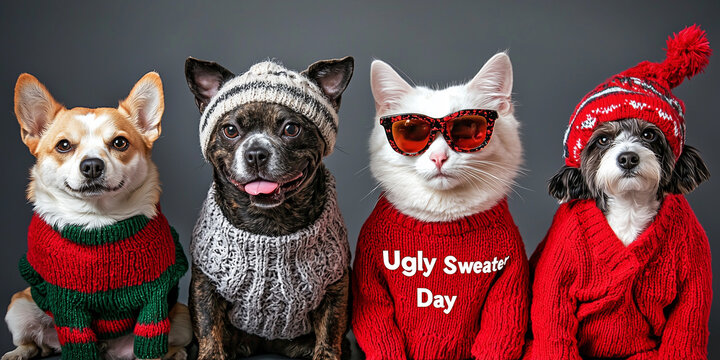 A fun image of cats and dogs wearing colorful ugly sweaters, celebrating "Ugly Sweater Day." Their playful expressions and cozy attire bring joy and humor to the festive occasion.