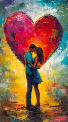 Obraz premium A vibrant painting of two lovers standing in front of an array of colorful hearts, surrounded by swirling colors and glittering sparkles