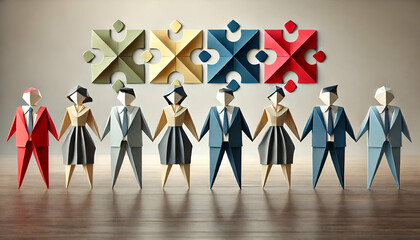 Teamwork concept illustrated with origami figures and puzzle pieces, representing unity, collaboration, and corporate strategy in a business environment