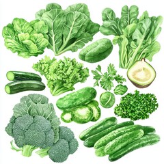 Assorted fresh green vegetables on a white background, including broccoli, lettuce, cucumbers, and leafy greens.