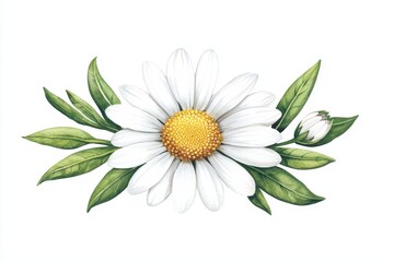 Beautiful daisy flower with green leaves on a white isolated background.
