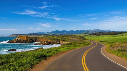 Beautiful coastal road with lush greenery and hills under a clear blue sky, perfect for scenic drives and nature photography.