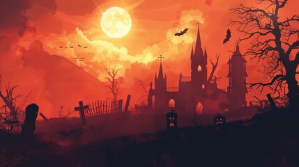 A Halloween background at sunset.  Eerie castle silhouette and flying black bats . Cemetry at sunset. Halloween's celebration concept. Generative AI.