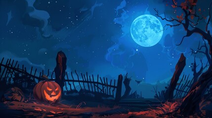 Halloween illustartion background. Orange scary  halloween pumpkin with glowing eyes in the forest at night. Halloween decoration and celebration's concept. Generative AI.