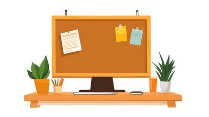 Corkboard with Notes  Pens  Plants and a Glass of Juice on a Desk