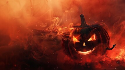 Autumn halloween background. Big scary glowing pumpkin and bat against the background of orange puffs of smoke.  Halloween, Harvest season and Thankgiving day's celebrating concept. Generative AI.