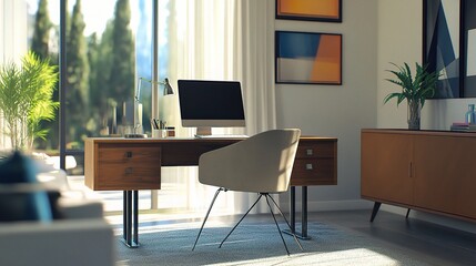 Fototapeta premium Modern Home Office with Natural Light and Minimalist Design