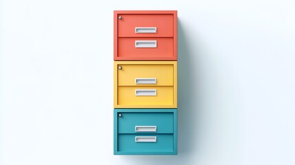 Colorful Metal Filing Cabinets with Drawers on White Wall