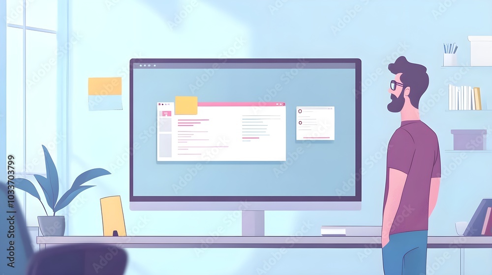 Poster man standing at desk with computer screen showing website design