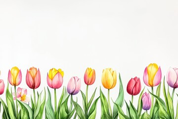 Colorful tulips bloom against a white background, showcasing a vibrant floral display.