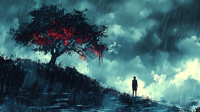 A lone figure stands beneath a dark, rain-soaked sky, gazing at a tree with red leaves.
