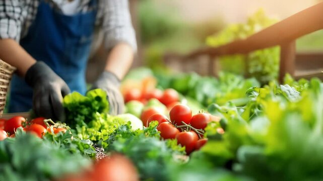 Person Tending to Fresh Vegetables at Market Vibrant Display of Healthy Produce, Including Tomatoes and Greens, Showcasing Beauty of Agriculture and Gardening.