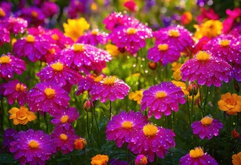 Fototapeta premium stunning close vibrant flowers adorned shimmering dew drops capturing beauty lush details, bloom, petal, color, botanical, nature, freshness, texture
