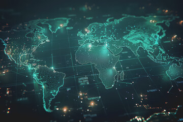 Digital world map, global communication theme, tech background, holographic light.