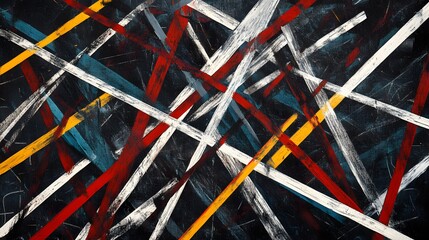 A series of sharp, intersecting lines crisscross the canvas in a rhythmic pattern, forming a sense of movement and tension in their precise arrangement.