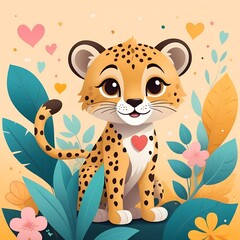 Cute cartoon cheetah with flowers and hearts