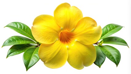 Panoramic view of isolated Allamanda cathartica flower on white background with clipping path