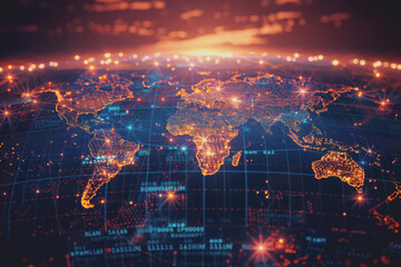 Digital world map, global communication theme, tech background, holographic light.