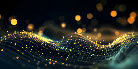 Fototapeta premium Abstract background with glowing particles creating a wave-like pattern, evoking a sense of depth and fluid motion
