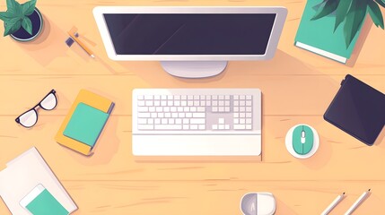 Top View Workspace Desk with Computer  Keyboard  Mouse  Pencils  and Glasses