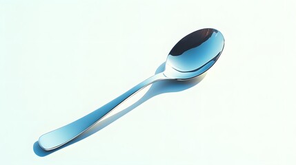 A shiny silver spoon lying gracefully on a white background, reflecting light with its polished surface, evoking a sense of elegance and refinement in dining.