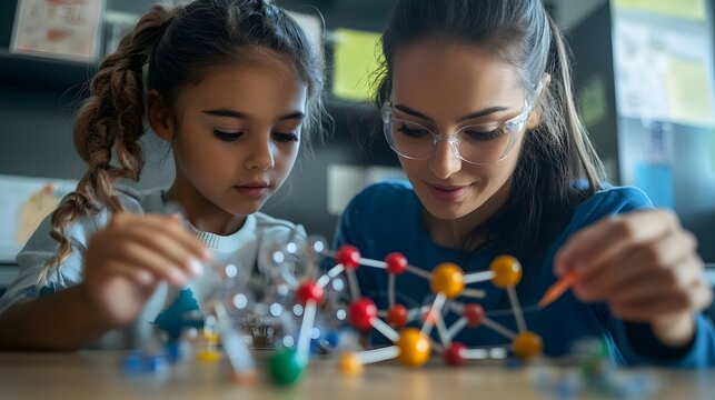 A Young Girl and Her Teacher Building a Molecular Model