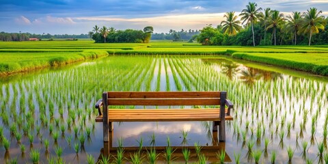 Obraz premium peaceful bench overlooking rice paddy fields