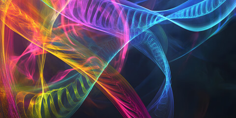Obraz premium Abstract background featuring vibrant, flowing waves of color resembling genetic elements in a dynamic dance of light and motion