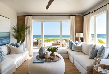 Fototapeta premium charming coastal retreat interior featuring warm comfortable ocean inspired natural relaxing inviting textures, beach, decor, furniture, design, colors
