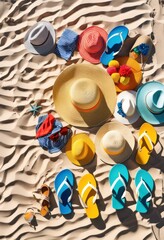 colorful beach accessories artfully arranged gentle white sand beach showcasing summer vibes coastal living, vibrant, beachwear, towels, umbrellas