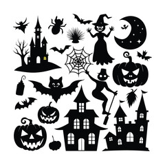 Obraz premium Set of Halloween vector elements like pumpkins, bats, and ghosts on white background